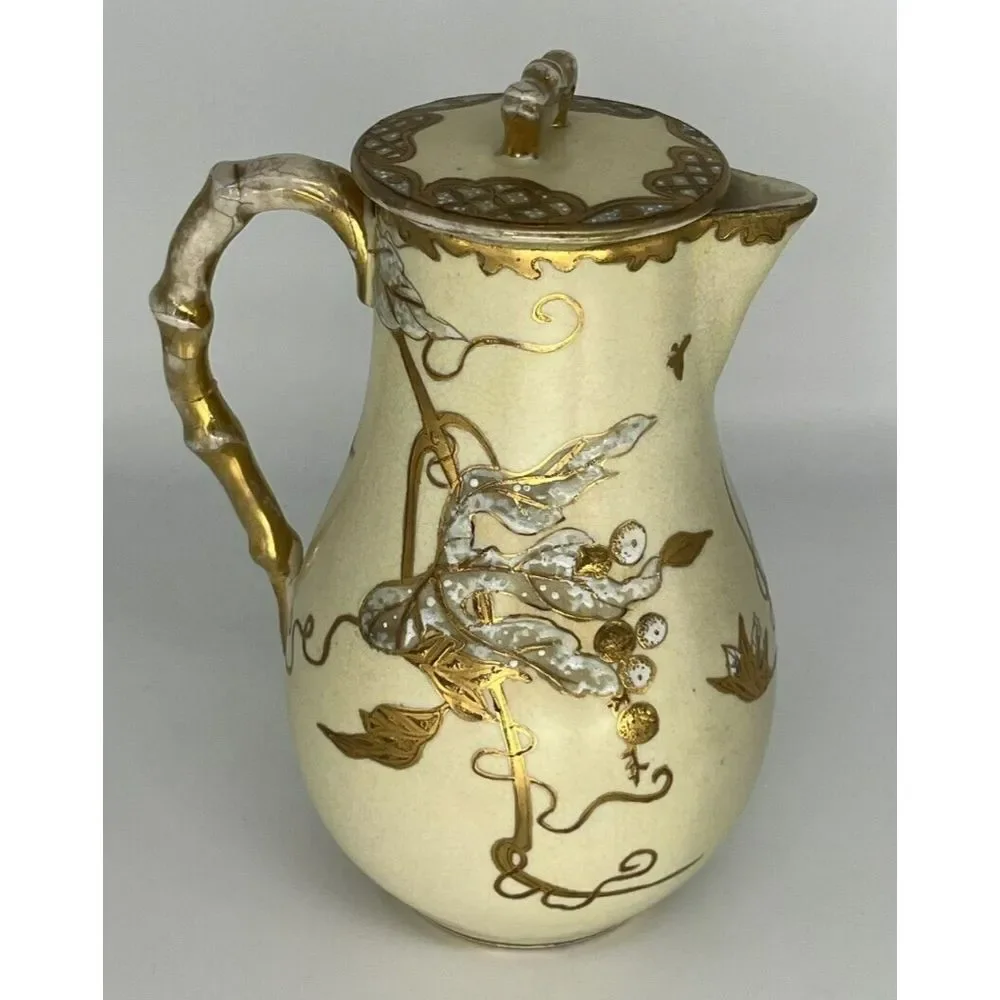 Antique English‎ Staffordshire Ivory and Gold Gilded Pottery Teapot
